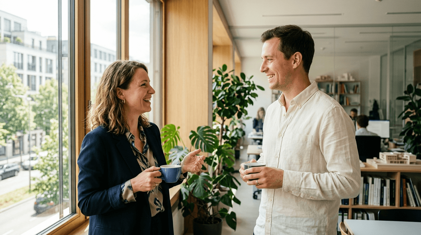 Zwei Kolleg:innen im Gespräch am Fenster, modernes Büro, Tageslicht