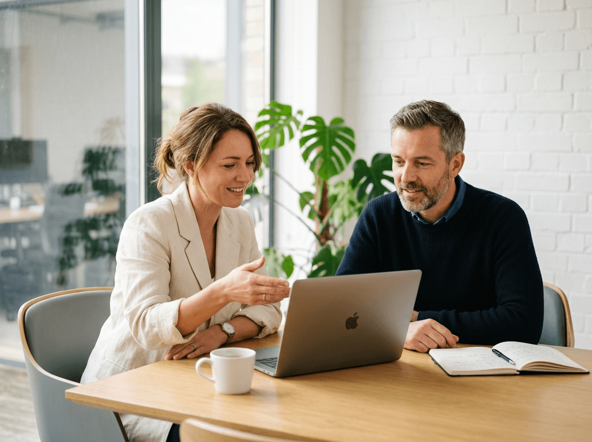 Führungskraft und HR besprechen die Ergebnisse einer Pulsbefragung am Laptop
