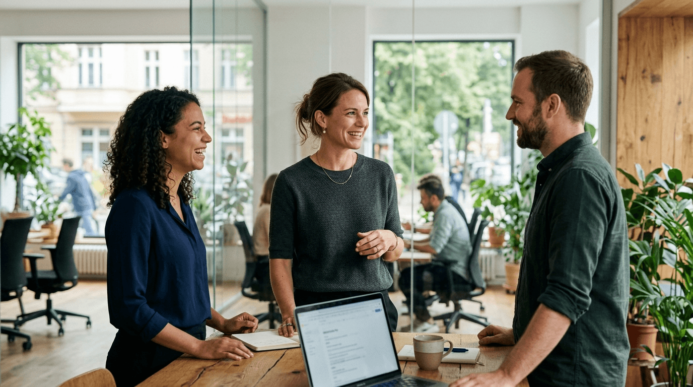 Teamleiterin im Gespräch mit zwei Teammitgliedern in einem hellen Büro