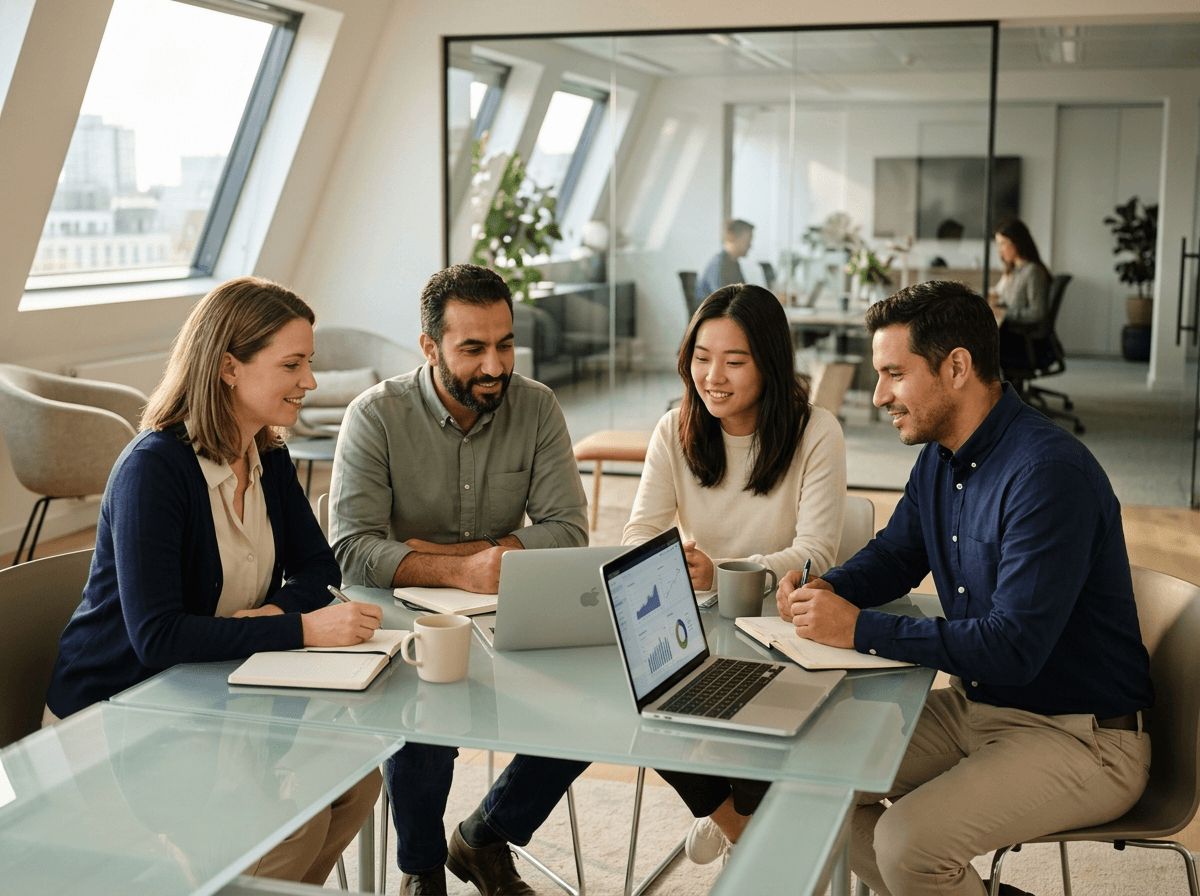 Internationales Team in einem hellen europäischen Büro bei der Auswertung einer Mitarbeiterbefragung