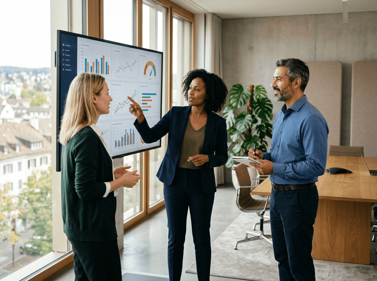 Drei Führungskräfte besprechen Befragungs-Dashboard im Meetingraum