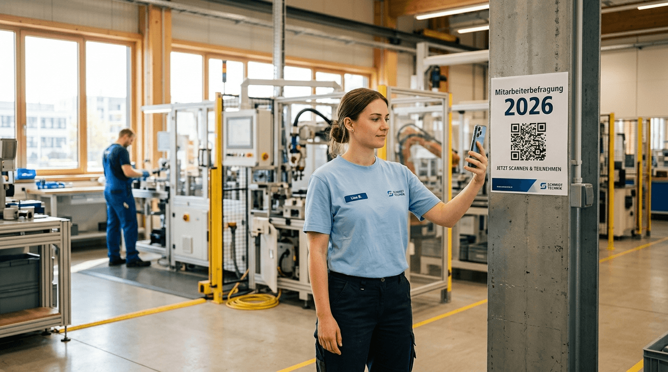 Produktionsmitarbeiterin scannt einen QR-Code für die Mitarbeiterbefragung auf einem Poster in der Fertigungshalle