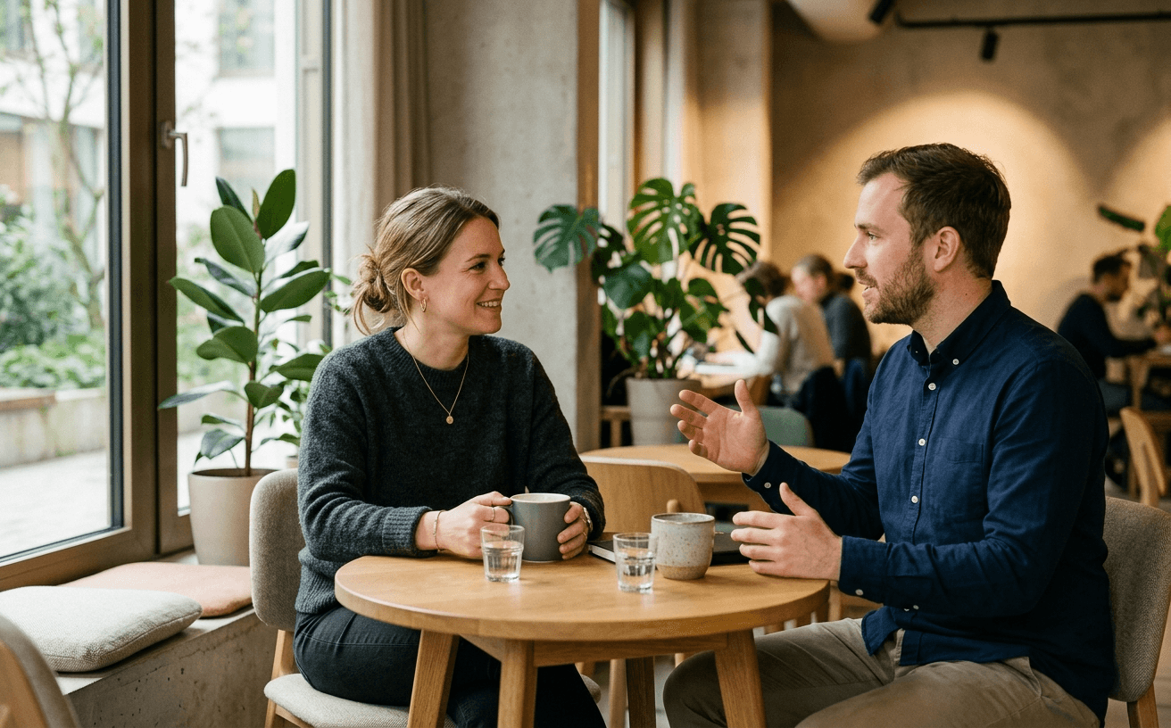 Teamleiterin im Entwicklungsgespraech mit einer Kollegin, Cafe-Ecke im Buero